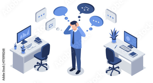 Confused businessman surrounded by overwhelming communication in isometric of…