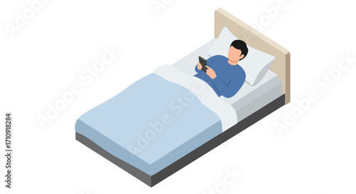 Isometric young man relaxing in bed using smartphone