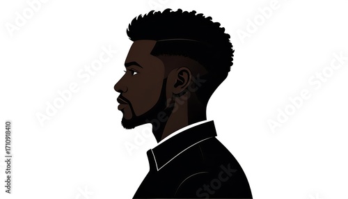 A stylized profile view of a dark-skinned man with a contemporary hairstyle and beard, presented in bold, monochromatic tones against a plain white background.