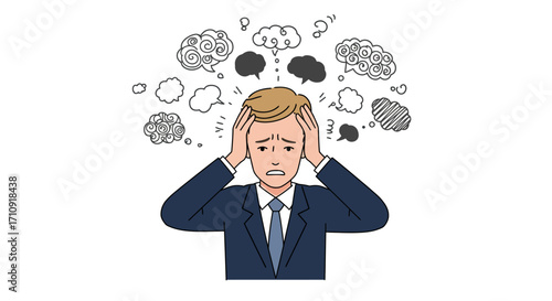 Stressed businessman with thought clouds and scribbles