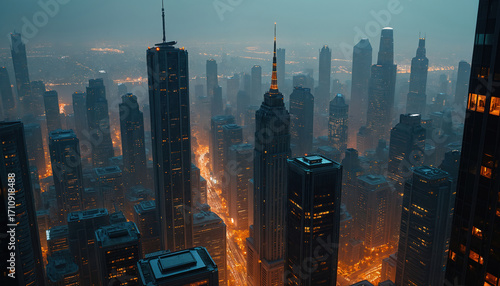 Aerial view of large city with many skyscrapers, tall buildings. Cityscape at dusk with illuminated windows, streets. Urban landscape with high-rise buildings, busy roads. Metropolis city view with