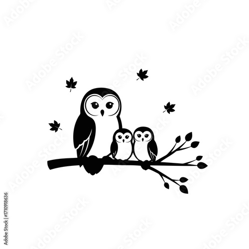Vector art of silhouette of owl family perched on a branch with falling leaves vector illustration of nocturnal birds