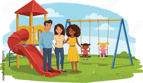 Parents and children at playground, family time, swing set and slide, outdoor activity, happy parenting, joyful moment, bonding, sunny day