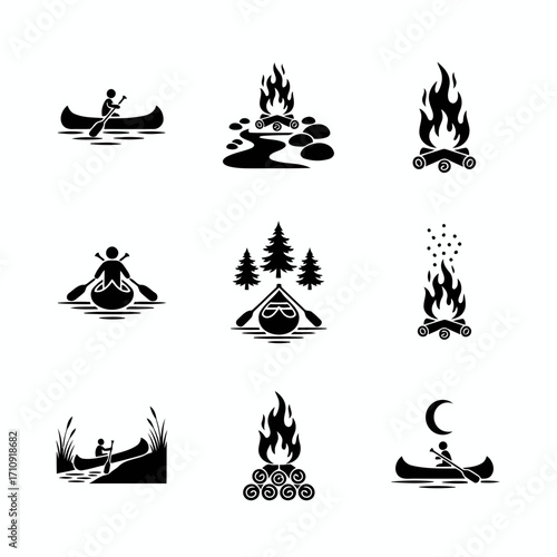 Vector art of camping icons featuring canoe, bonfire, paddle, and nature elements for outdoor adventure and recreational designs