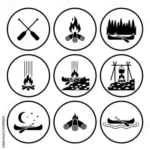 Vector art of canoe and campfire icons in circle represent outdoor adventure, camping, and nature activities in a simple style