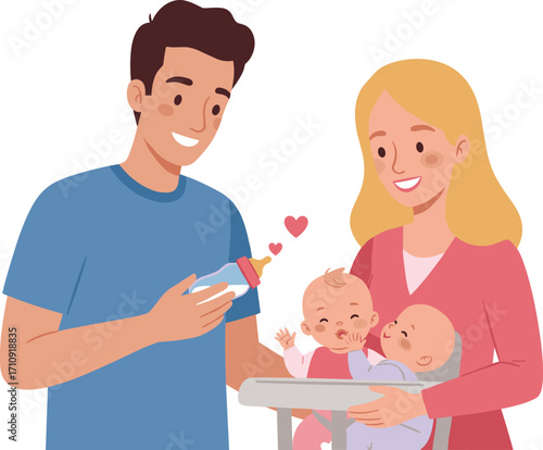 Parents caring for twins, baby feeding time, nurturing moment, family bonding, emotional warmth, love and affection, cheerful scene, parenting teamwork, home lifestyle
