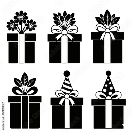 Vector art of collection of six gift boxes with floral and party hat decorations, perfect for birthdays and special events