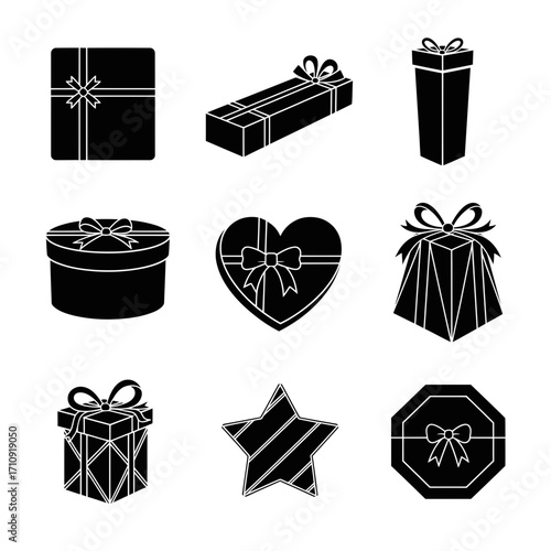 Vector art of collection of black gift box icons, featuring various shapes and ribbon designs, perfect for holiday and celebration themes