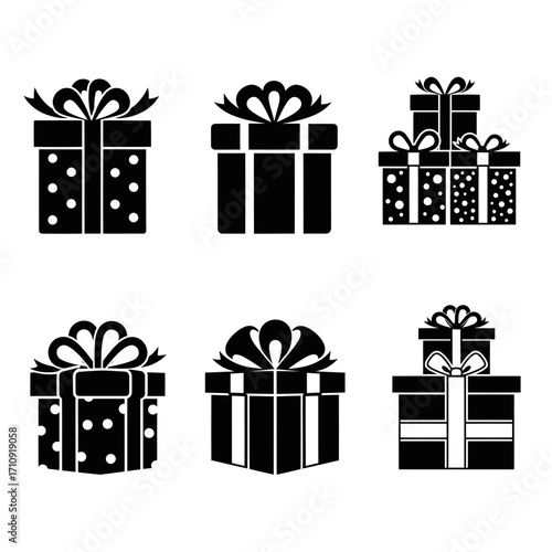Vector art of collection of gift box icons, featuring various patterns and arrangements, perfect for festive and celebratory designs