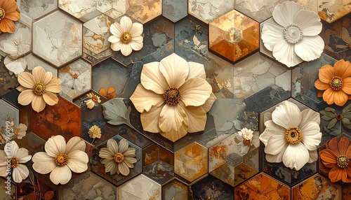 A captivating design featuring textured flowers in soft creams and warm oranges, arranged within a hexagonal mosaic pattern of distressed stone.