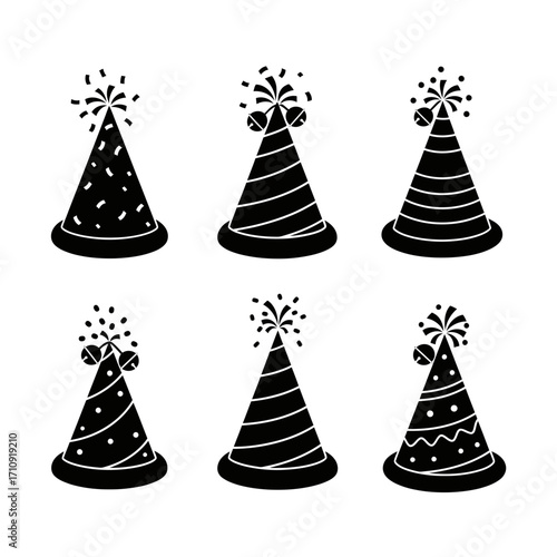 Vector art of set of party hats with various patterns and decorations, ideal for birthday parties and celebratory occasions