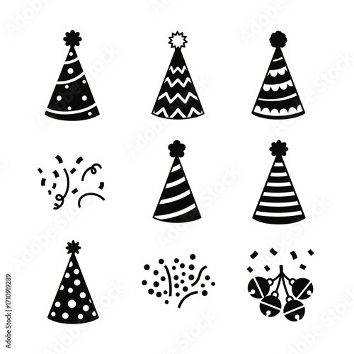 Vector art of set of party hats and confetti collection of festive design elements for birthday, celebration, or special occasion