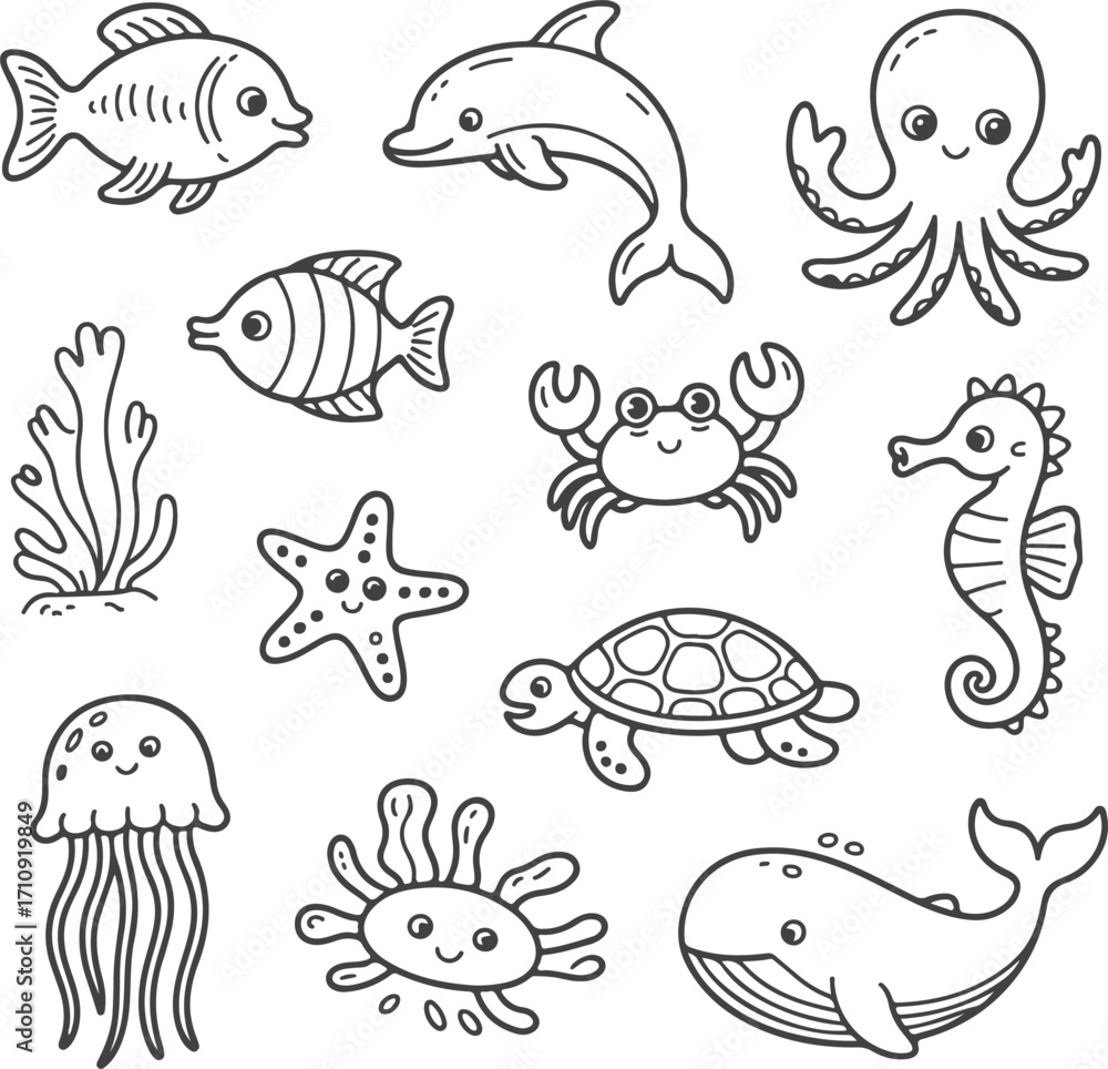 Fototapeta premium Ocean Life A Cute and Simple Collection of Marine Animals and Sea Creatures