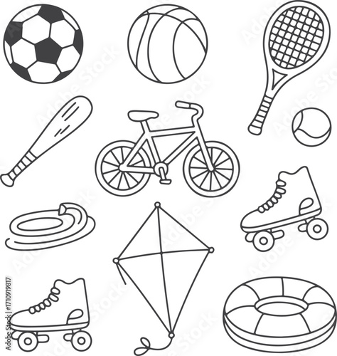 A collection of sixteen sport and leisure icons in a hand-drawn doodle style. Vector line art of outdoor activity objects