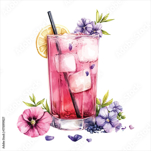 Pink Cocktail with Ice, Lemon Slice, Straw, and Flowers drink beverage