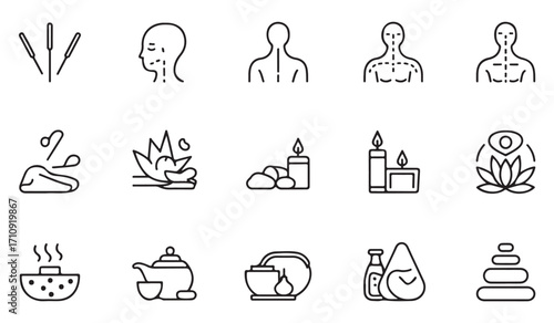 Vector outline icons of alternative medicine including acupuncture, herbal therapy, meditation, oils, tea, yoga, massage, and holistic healing illustrations