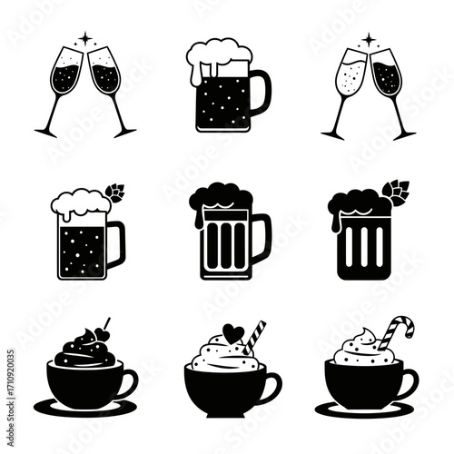 Vector art of collection of black and white vector icons featuring various drinks like beer, champagne, and coffee