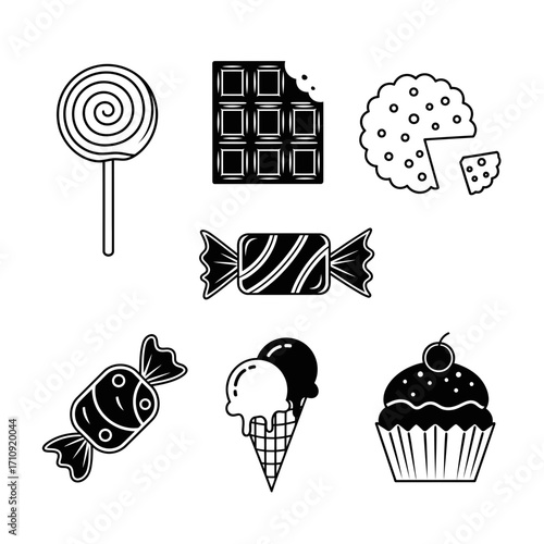 Vector art of assortment of delectable sweets, featuring lollipops, chocolates, cookies, ice cream, and cupcakes, a delightful treat for everyone