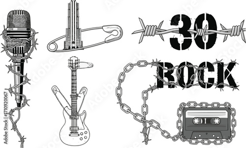 Grunge rock vector art with barbed wire microphone, electric guitar, cassette tape chain, punk safety pin, hardcore 90s retro music design