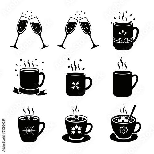 Vector art of black and white vector icons of champagne glasses and coffee mugs with steam and decorations