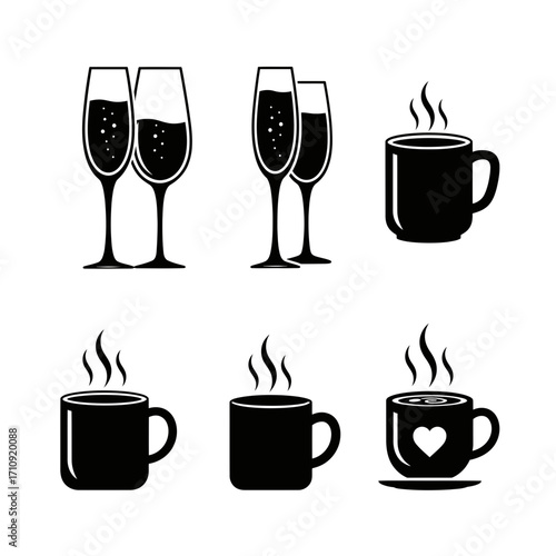 Vector art of black and white vector icons of champagne glasses and coffee mugs with steam