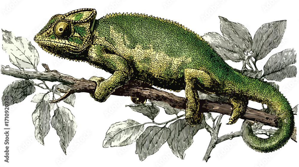 Obraz premium Detailed Vintage Engraved Illustration of Chameleon and Branch