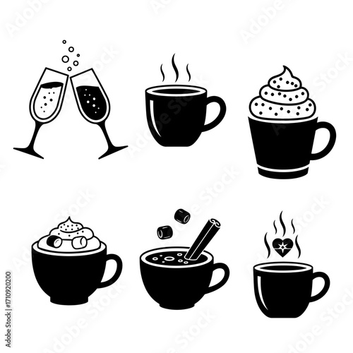 Vector art of collection of festive winter drinks, including hot chocolate, coffee, and champagne for holiday cheer