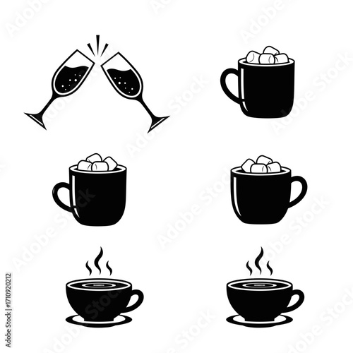 Vector art of collection of black and white vector illustrations depicting various beverages, including champagne glasses, mugs of hot chocolate, and coffee cups