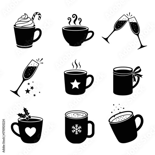Vector art of collection of black and white vector illustrations depicting various beverages, including champagne glasses, mugs of hot chocolate, and coffee cups