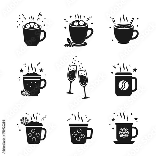 Vector art of festive winter drinks, including hot chocolate, coffee, and champagne for holiday celebrations and cheer