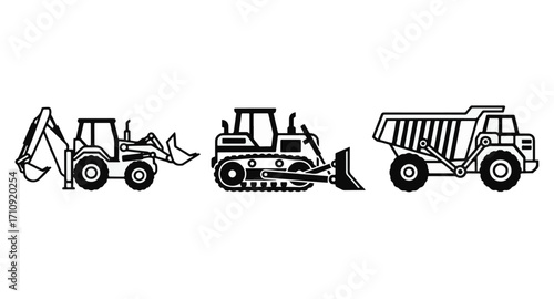 Heavy Construction Vehicles with Backhoe Loader, Bulldozer and Dump Truck Icons for Building, Excavation, Mining and Industrial Equipment