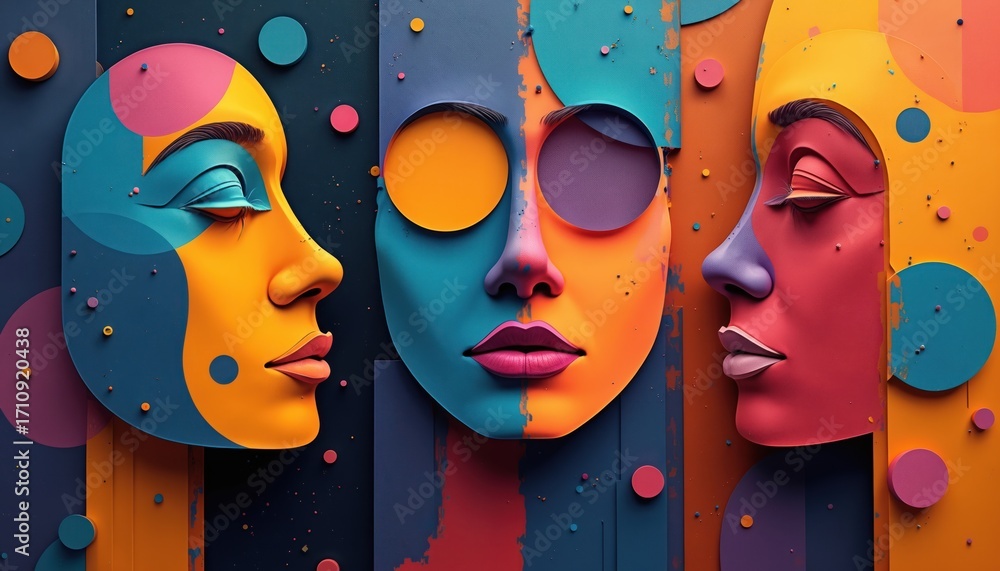 Obraz premium Abstract faces blend in vibrant color blocks. Three profiles with bold makeup and geometric shapes create a surreal, modern portrait art. Digital illustration.