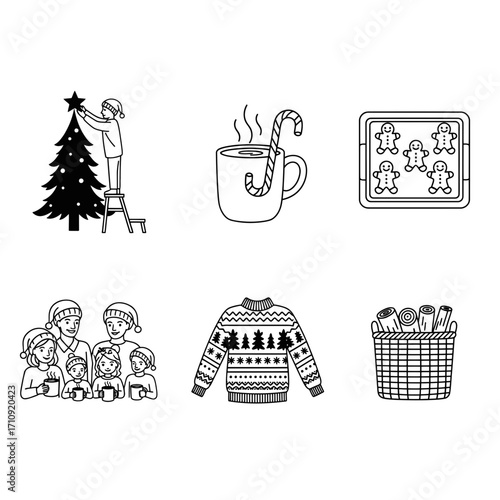 Vector art of black and white vector illustration of christmas scenes, including a christmas tree, gifts, and people enjoying hot drinks
