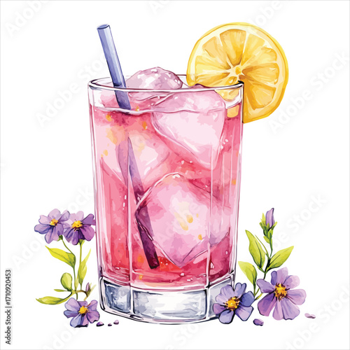 Pink Drink with Lemon Slice and Purple Flowers on White Background Keywords: pink drink, iced beverage, summer drink