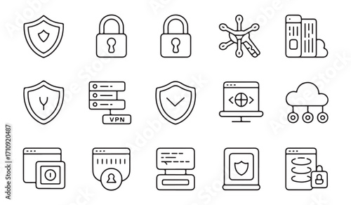 Clean minimal vector icons pack showing cybersecurity, hacker defense, shield, authentication, cloud, storage, encryption, password, virus, and safe data