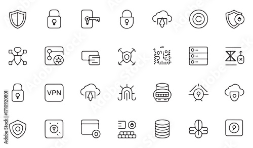 Minimal cybersecurity line icons set with shield, lock, server, cloud, VPN, firewall, encryption, password, virus, malware, and data protection symbols