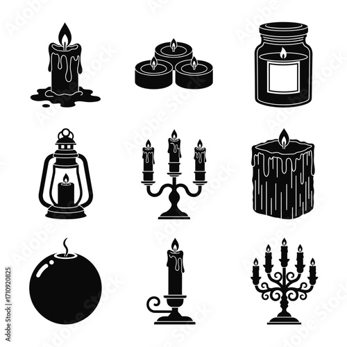 Vector art of collection of candle icons showcasing various shapes, sizes, and styles for decoration or religious purposes