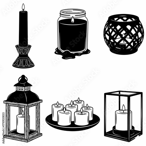 Vector art of collection of candle icons showcasing various shapes, sizes, and styles for decoration or religious purposes