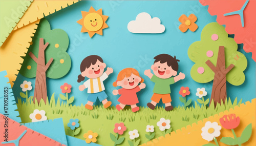 An illustration of an application in the style of handmade children's creativity made of colored paper by children playing in the forest. Vector graphics. EPS.