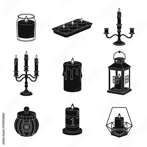 Vector art of collection of candle icons showcasing various shapes, sizes, and styles for decoration or religious purposes