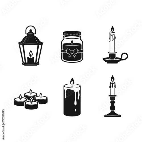 Vector art of collection of candle icons, featuring various candle types, including jar candles, lantern candles, and candlestick candles
