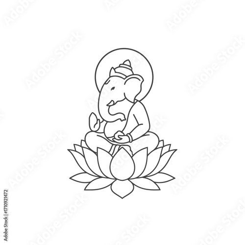 Vector art of serene ganesha illustration, depicting the deity seated on a lotus flower, radiating peace, enlightenment, and spiritual harmony