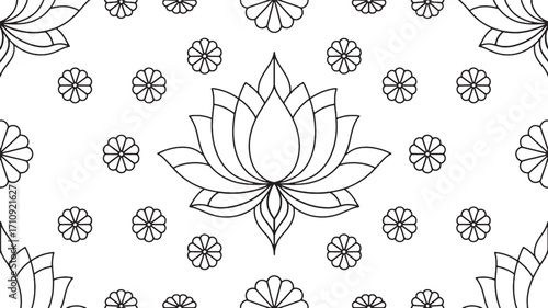 Simple seamless lotus flower background design repeating in clean outline style for wallpaper fabric paper and decorative use in modern layout