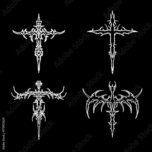 Set of cyber sigilism cross intricate patterns, tribal gothic abstract symmetrical shapes styles vector design for tattoo, dark wear print apparel merchandise 