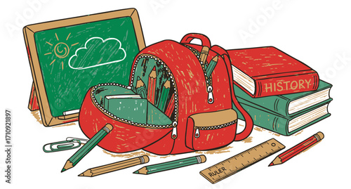 School Supplies Clipart | Backpack, Books, Chalkboard, Pencils, Ruler, Stationery Vector Illustration for Education and Classroom Design