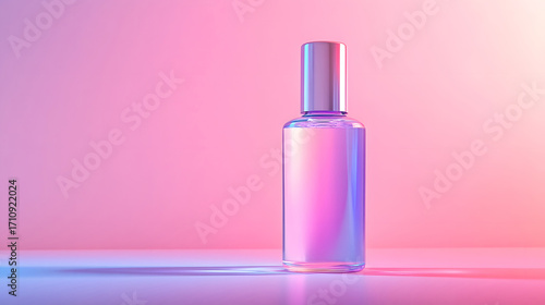 A transparent cosmetic bottle with gradient colors stands on a pastel background, showcasing modern design and vibrant hues.