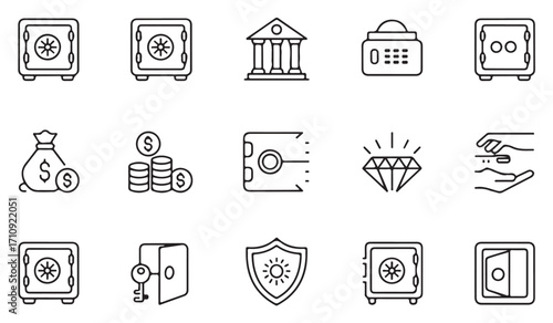 Vector outline icons of banking and finance including vault, safe, currency, investment, shield, savings, gold, diamond, deposit, insurance, and wealth protection