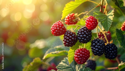 Ripe blackberries and raspberries cluster on vines bathed in golden sunlight, showcasing a vibrant display of summer bounty.