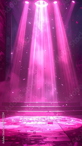 A vibrant, futuristic stage bathed in intense pink light, featuring converging beams of light emanating from a central object, creating a captivating and dramatic atmosphere.