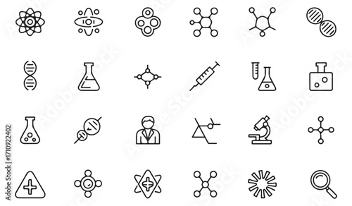 Pack of clean line icons for scientific research including genome, biology, chemistry, petri dish, bacteria, DNA, microscope, beaker, lab equipment, and medicine symbols